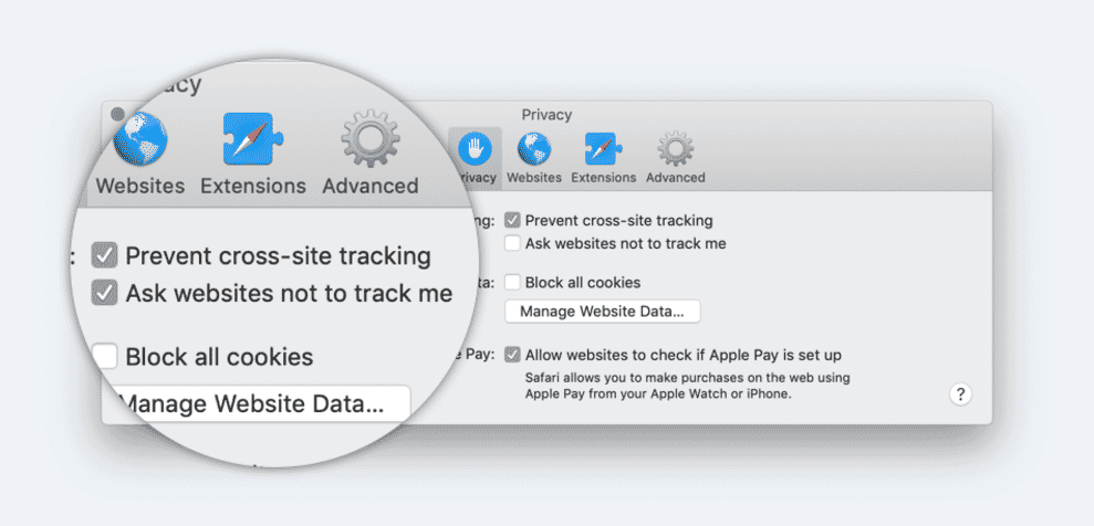 Screenshot of Safari browser settings