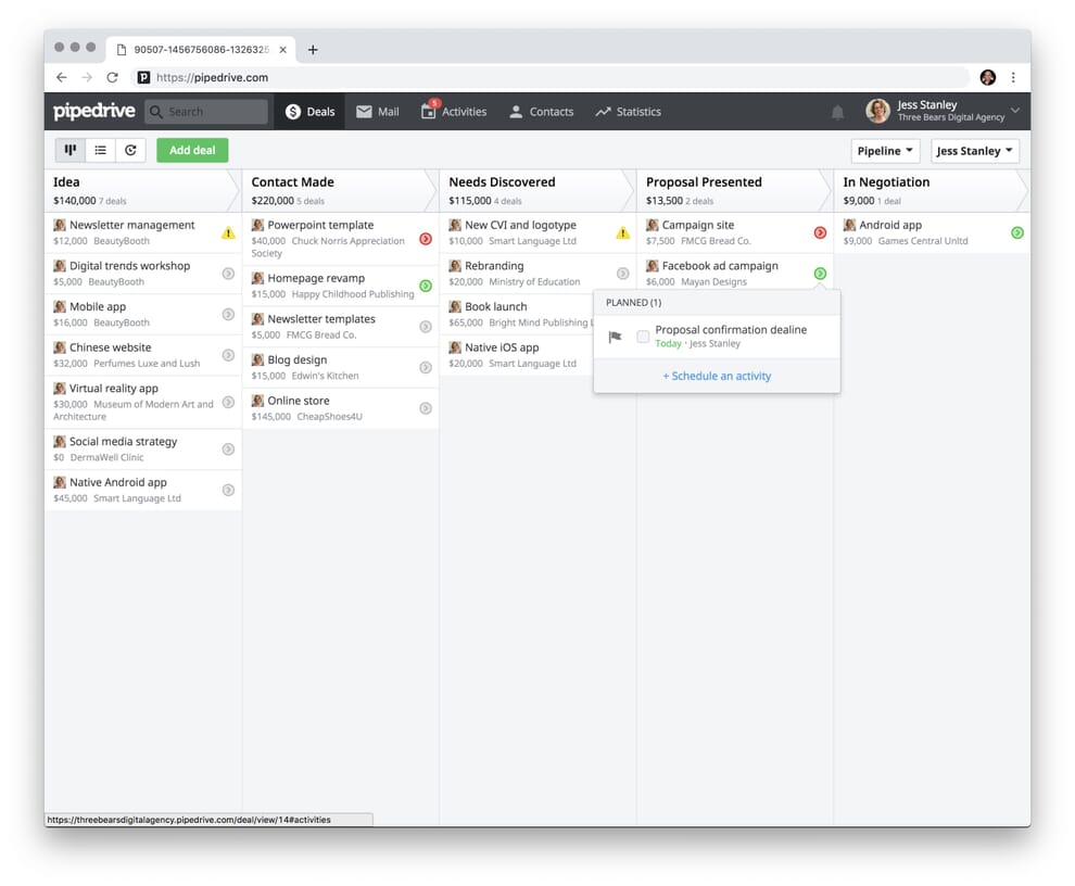 Pipedrive being used to track website conversion