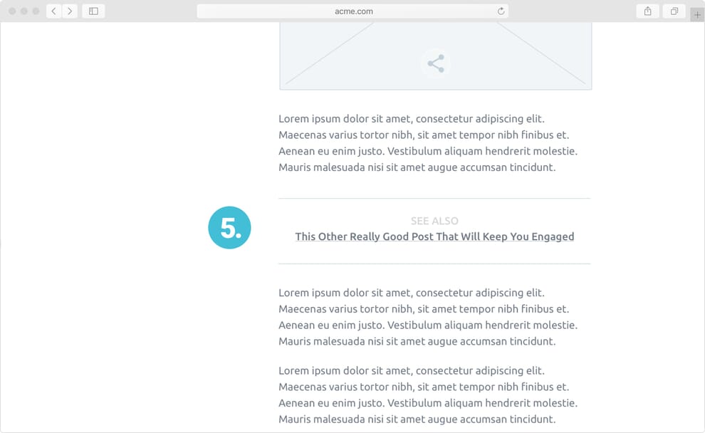 Wireframe showing a related post in the flow of the document.