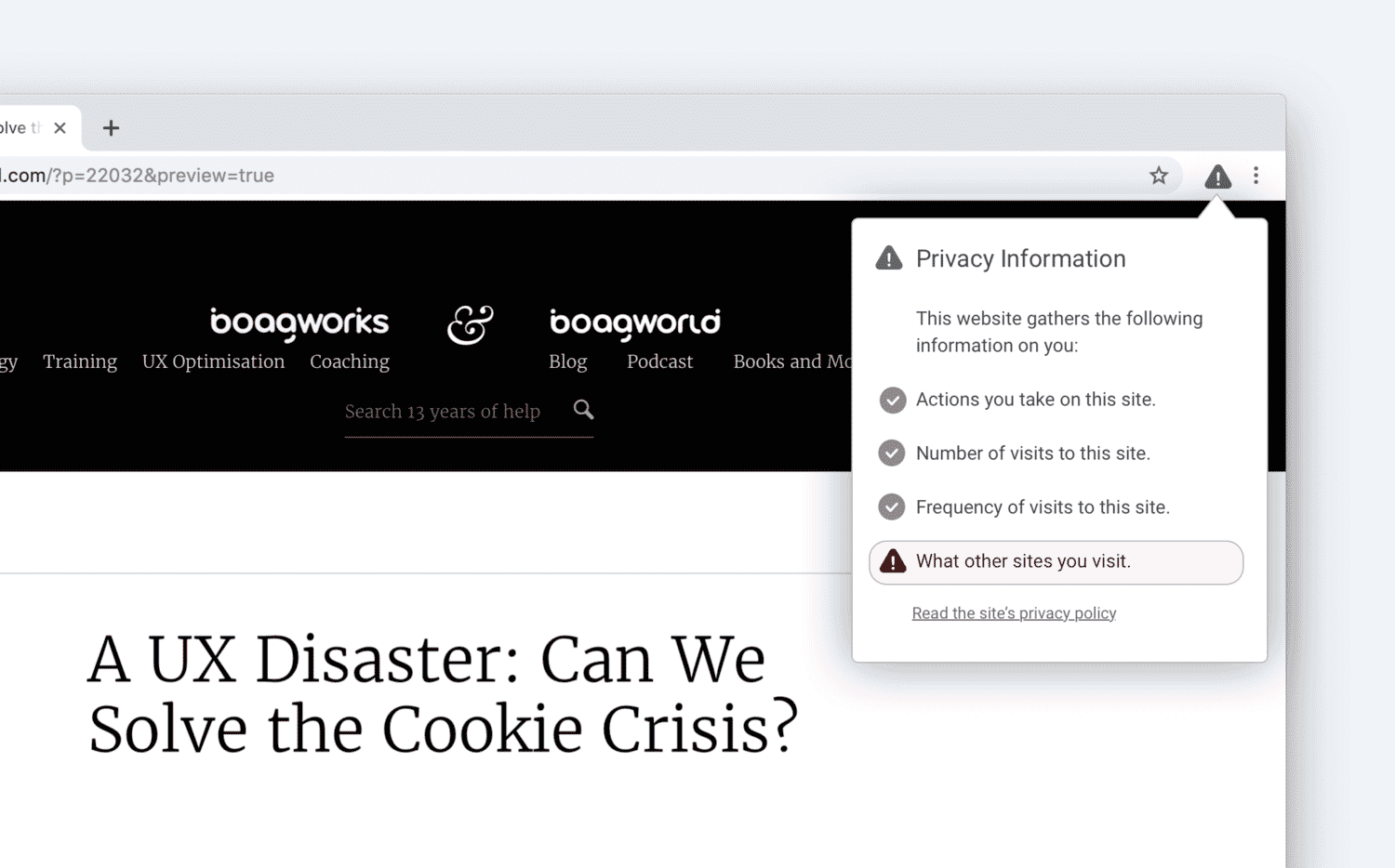 Mockup of in browser cookie notifications.