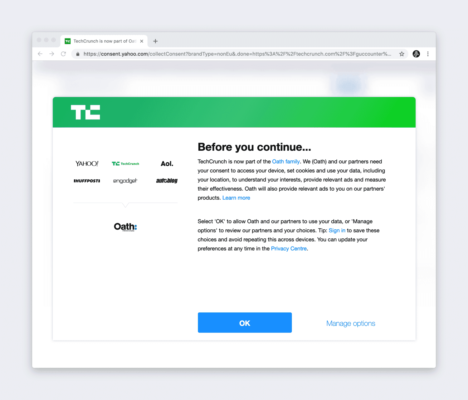 Techcrunch's privacy notification.