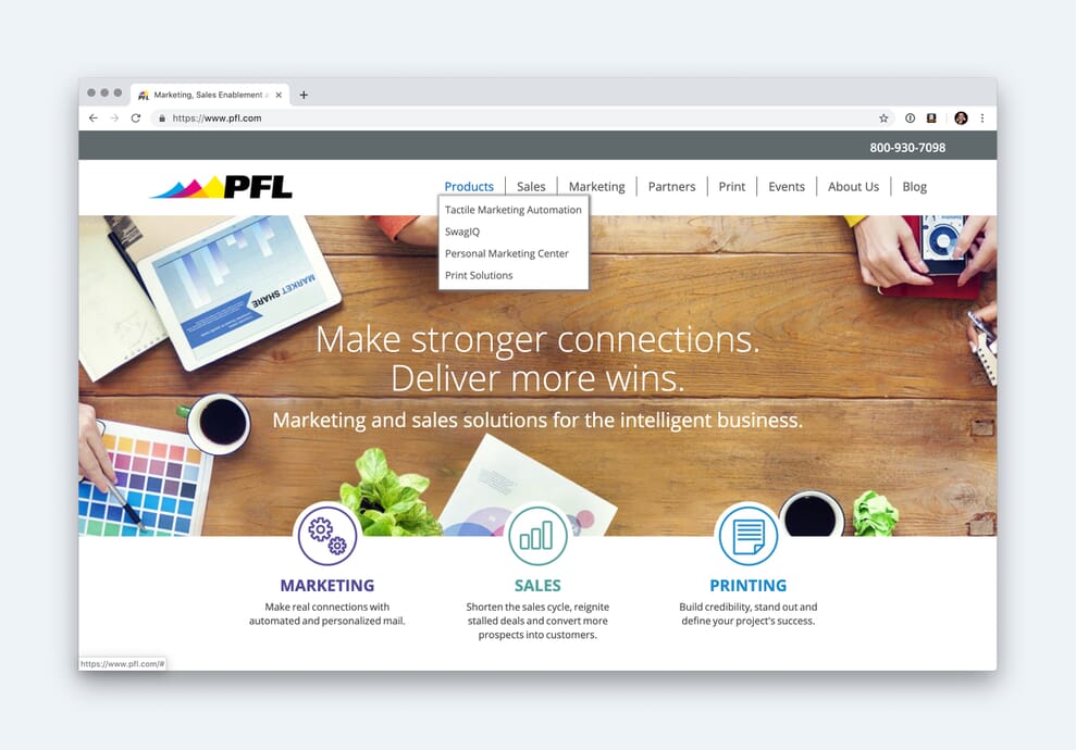 pfl.com website using a traditional approach to secondary navigation.