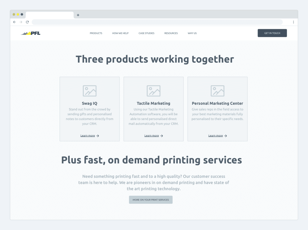 A wireframe of PFL.com with products embedded in the page.